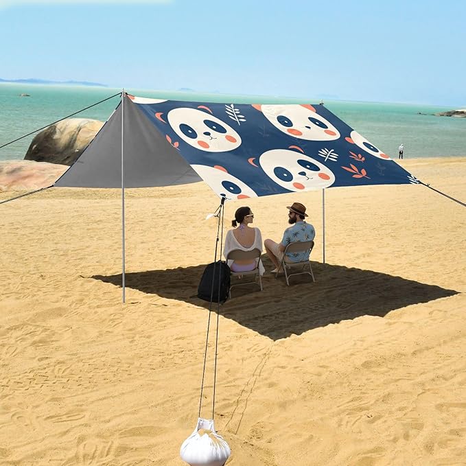 Cute Panda Faces Foldable Beach Tent UPF50+ Protection Lightweight Shade Sun Shelter with Sturdy Poles Sandbags and Shovel for Camping Picnics Backyard &amp Fishing