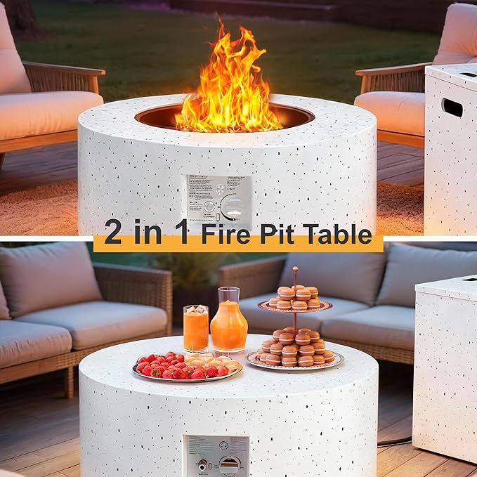 30' Outdoor Fire Pit Table with 50000 BTU Output Premium Gas Fire Pit Tables for Outside Patio Round Propane Fire Pit with Glass Stones Waterproof Cover (White 30 LED)