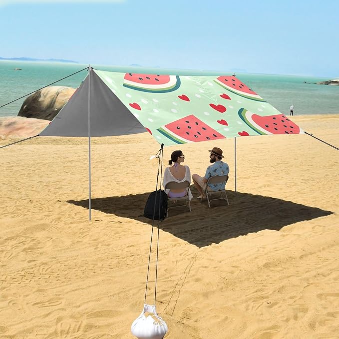 ALAZA Watermelon and Heart Pattern Beach Tent Sun Shelter Portable Canopy Sunshade for Outdoor Camping Picnics Backyard Fun 10x9 ft
