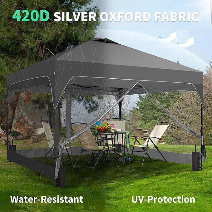 GDY 10x10 FT Pop Up Canopy Tent with One Push SetupSetup Gazebo with 4 PVC Transparent SidewallsEasy Carry for Events Parties Camping Gray