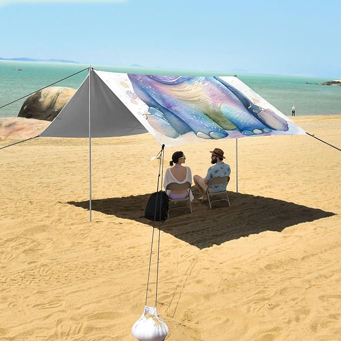 ALAZA Watercolor Hippo Hippopotamus Beach Tent Sun Shelter UPF50+ Protection Beach Shade Canopy w/ 4 Sandbags for Outdoor Camping Fishing Backyard Fun Picnic 10x9 ft