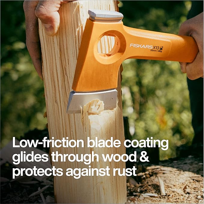 Fiskars X13 Ultralight Hiking Axe 13 Ultra-Sharp Forged Steel Blade for Efficient Chopping &amp Camping 15% Lighter High-Visibility Orange FiberComp Handle Drives Tent Stakes Sheath Included