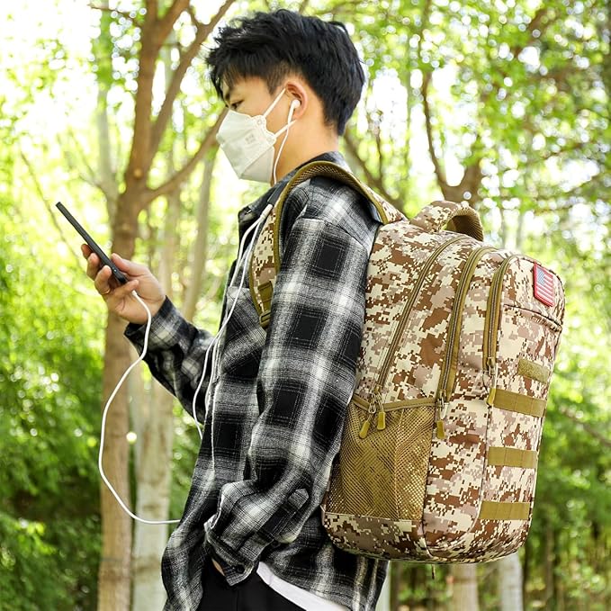 outdoor plus Camo BackpackMilitary Boys Backpacks for School40L Army Bookbag with USB Charging Port Waterproof