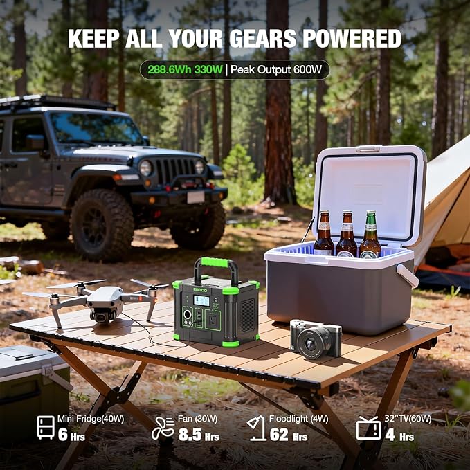 Portable Power Station 330W 288Wh Solar Generator with 60W USB-C PD Fast Charging Pure Sine Wave AC Outlet 5W Wireless Charger LED for Camping RV CPAP Home Emergency Backup Off-Grid Living