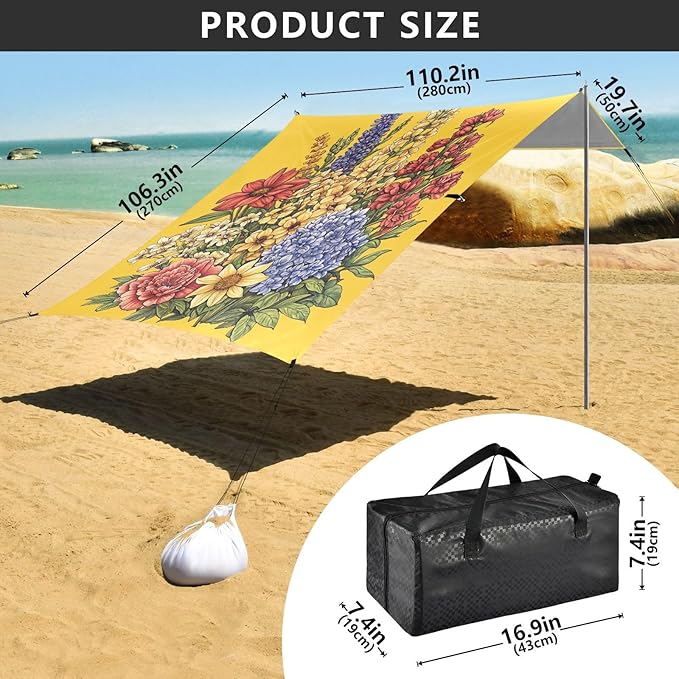 Flowers Bunch on Yellow Beach Cabana UPF50 Water-Resistant Large Sun Shelter with Sand Pockets for Camping Picnics Backyard