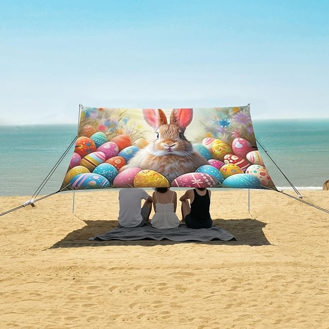 Easter Bunny and Colorful Eggs Beach Tent Sun Shelter Set UPF50+ UV Protection 10.5 x 9.19 FT Camping Shade Canopy with Sandbags Sand Anchors Carrying Bag and Others