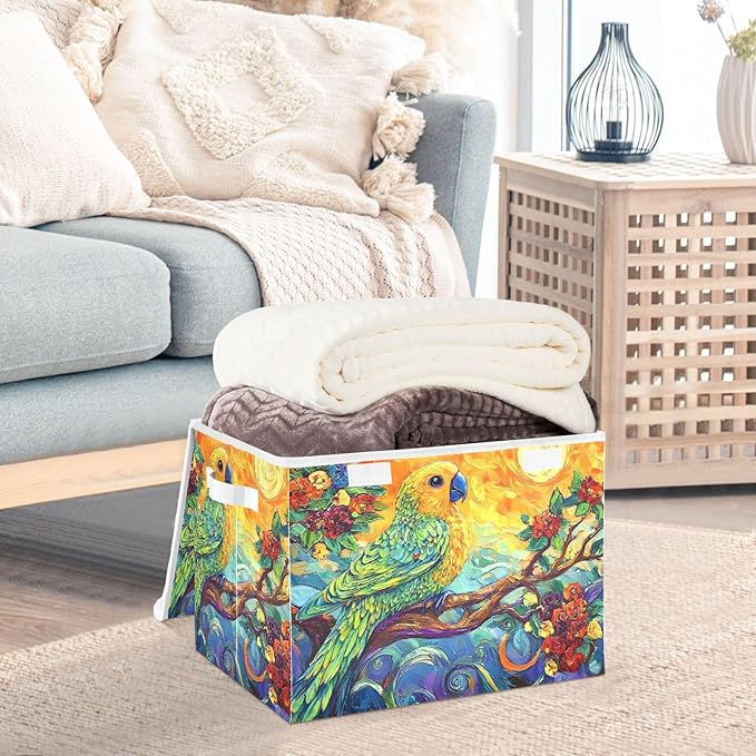 Fantastic Parrot Storage Cube Bins Basket with Lid Collapsible Flip-top Fabric with Handle for Home Bedroom Closet Office 16.5×12.6×11.8 in