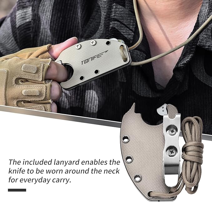 TONIFE Small Fixed Blade Knife Full Tang EDC Camping with Sheath Lanyard and Clip Blade Length 2.172.5 oz.with Sheath (Warm Sand - Satin)
