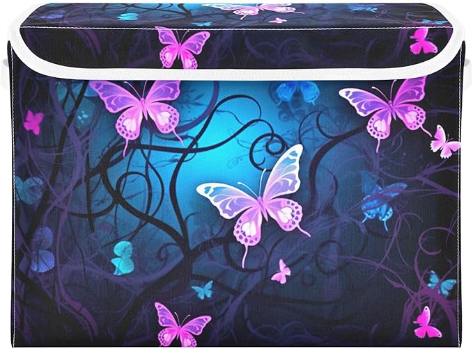 YETTASBIN Purple Blue Butterfly Storage Basket with Lid and Handles Large Collapsible Fabric Storage Bins Durable Storage Organizer for Shelves Closet Bedroom School Office Home Decor