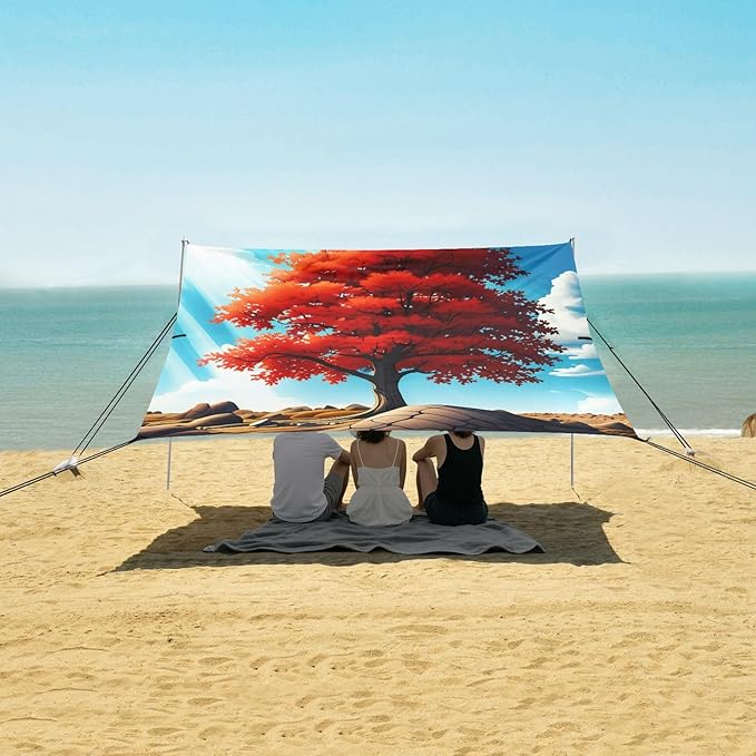 xigua Maple-Tree Beach Tent Sun Shelter with Carrying Bag - Silver Coated Oxford Fabric Beach Canopy for Beach Camping Fishing - Includes Windproof Ropes Sandbags &amp Stakes