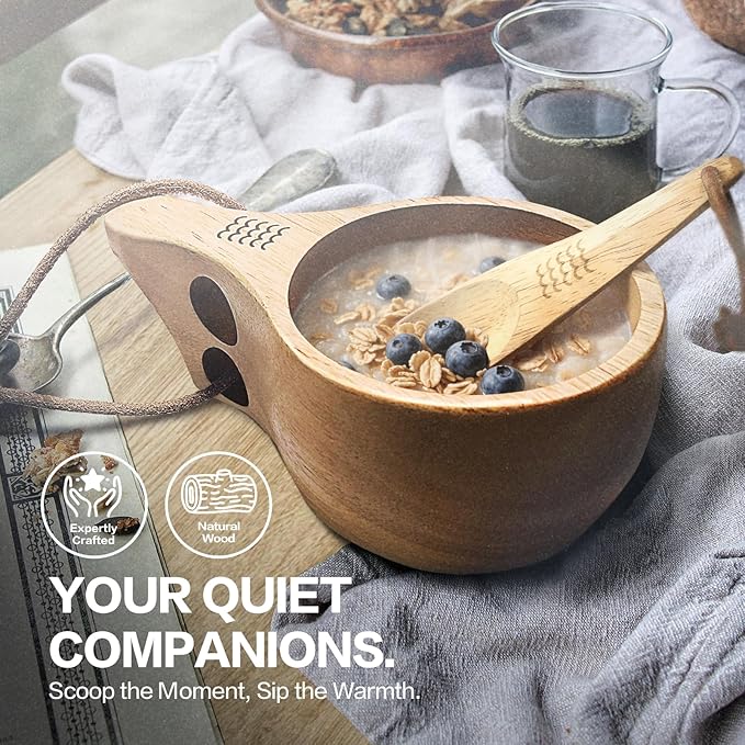 Nordic Kuksa 12oz (355ml) w/spoon Dual-Grip Wooden Camping Mug set - Bushcraft Hardwood Crafted for Travel &amp Home. Total Trail Control!