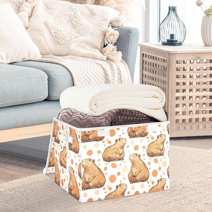 Capybara Dots Storage Cube Bins Basket with Lid Collapsible Flip-top Fabric with Handle for Home Bedroom Closet Office 16.5×12.6×11.8 in
