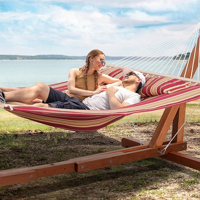 SUNCREAT Outdoor Hammock with Stand Two Person Quilted Fabric Hammock Swing with Adjustable Wooden Stand Red Stripes