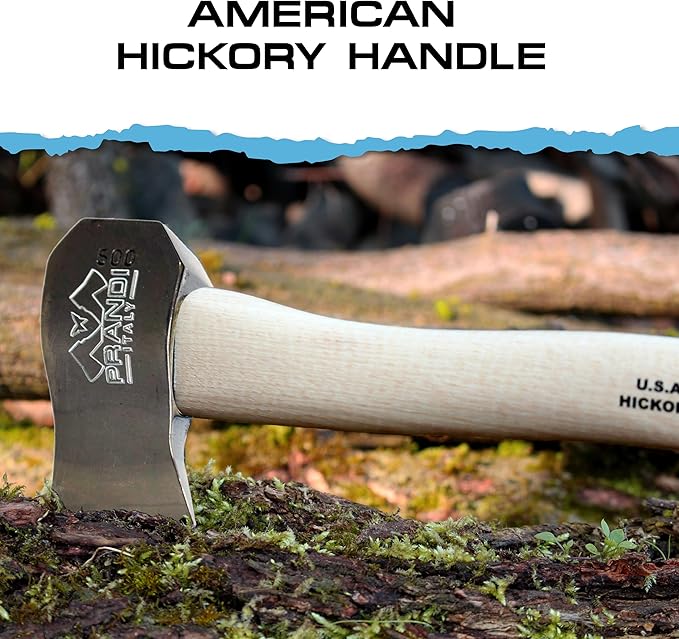 PRANDI Camping Hatchet 1.15lb - Hickory Handle 13in with Leather String - Ideal for Camping Travel and Bushcraft - Made in Italy