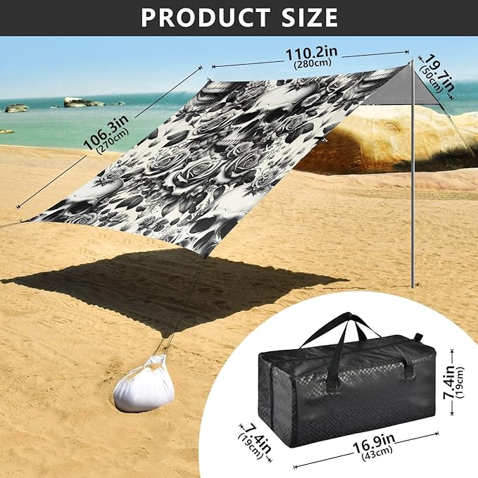 Skulls and Roses Beach Tent Sun Shelter Set UPF50+ UV Protection 10.5 x 9.19 FT Camping Shade Canopy with Sandbags Sand Anchors Carrying Bag and Others