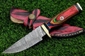 8-Inch Hand-Forged Damascus Steel Hunting Knife Fixed Blade Skinning Design with Leather Sheath Multicolor Wood Handle Brass Guard Twist Pattern Blade for Camping (Multi Color)