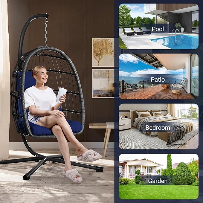 LEVELEVE Egg Chair with StandPatio Rattan Wicker Hanging Swing Egg Chair Hammock Chair for Porch GardenThickened Aluminum Alloy Steel Frame and UV Resistant Cushion350LBS Capacity(Dark Blue)