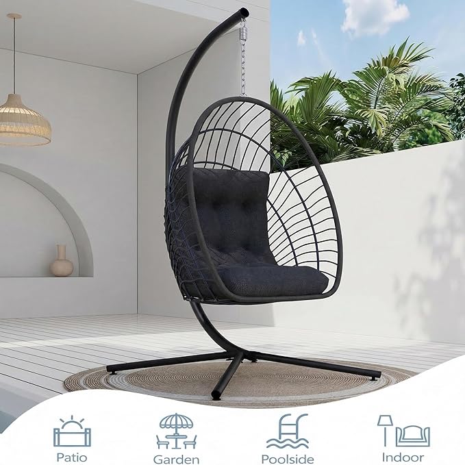 Kingdura Hanging Egg Chair with Stand Indoor Outdoor Foldable Rattan Wicker Hammock Egg Swing Chair for Bedroom Porch Patio Garden Thickened Cushion 350LBS Capacity Heavy Duty Frame