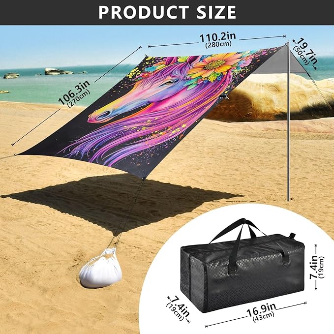 ALAZA Unicorn Rainbow Beach Tent Sun Shelter UPF50+ Protection Beach Shade Canopy w/ 4 Sandbags for Outdoor Camping Fishing Backyard Fun Picnic 10x9 ft