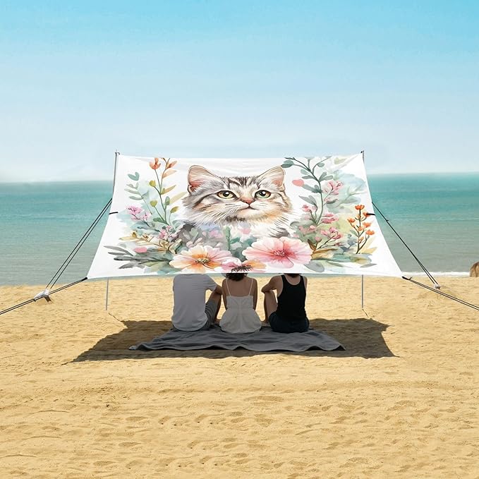ALAZA Cat Kitten Daisy Beach Tent Sun Shelter UPF50+ Protection Beach Shade Canopy w/ 4 Sandbags for Outdoor Camping Fishing Backyard Fun Picnic 10x9 ft