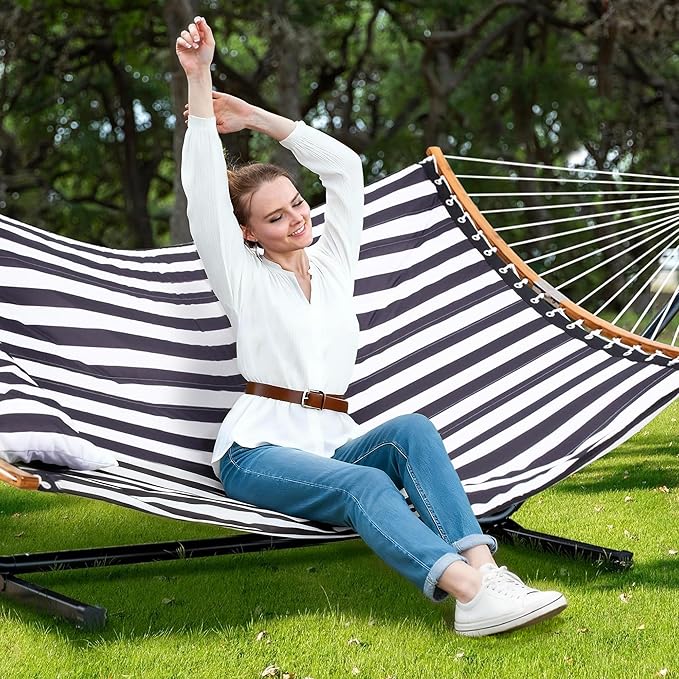 SUNCREAT Hammocks Extra Large Hammock with Stand Included Double Hammock with Curved Spreader Bar Black Stripes
