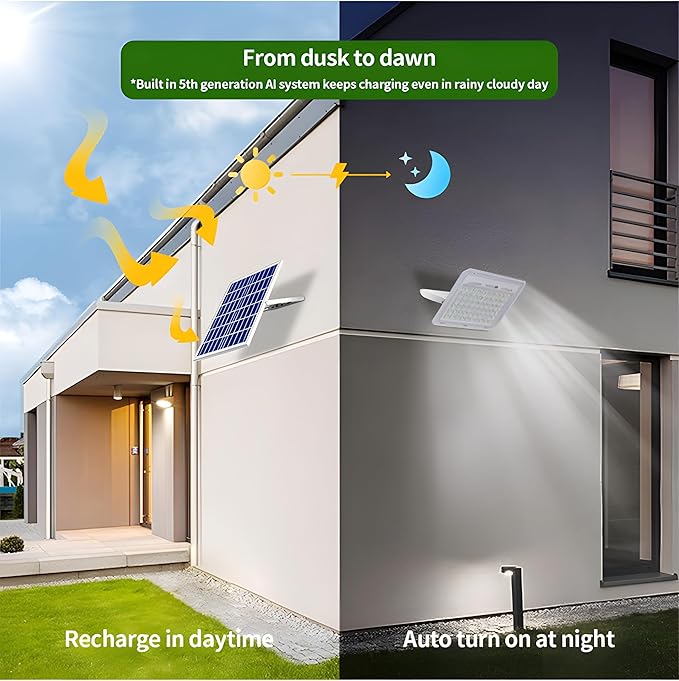 100W to 600W Pure White High Bright Solar Power Flood Light Outdoor Remote IP67 Waterproof Auto On/Off Wide Range Dusk to Dawn for Yard Gazebo Shed Barn Porch Patio Garage Garden (100W)