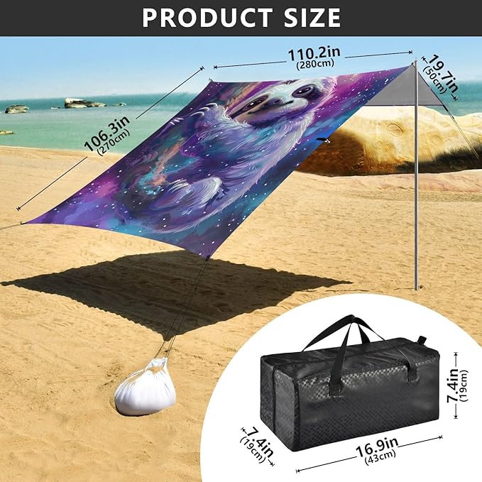 ALAZA Cute Sloth Cartoon Nebula Beach Tent Sun Shelter Portable Canopy Sunshade for Outdoor Camping Picnics Backyard Fun 10x9 ft