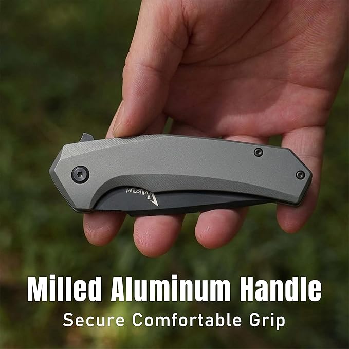 Tactical Pocket Knife - EDC Folding Knife with 440C Stainless Steel Tanto Blade Black Coated Gray Aluminum Handle Liner Lock &amp Deep Carry Clip for Men Outdoor Survival Camping Valentine's Gi