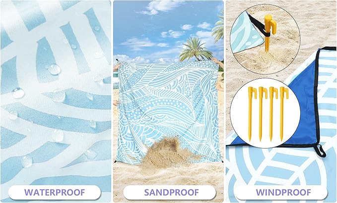 Beach Blanket Waterproof Sandproof Beach Mat 79 X 83/10'x9'for 2-8 Adults Quick Drying Outdoor Picnic Mat Beach Accessories for Travel Camping Hiking