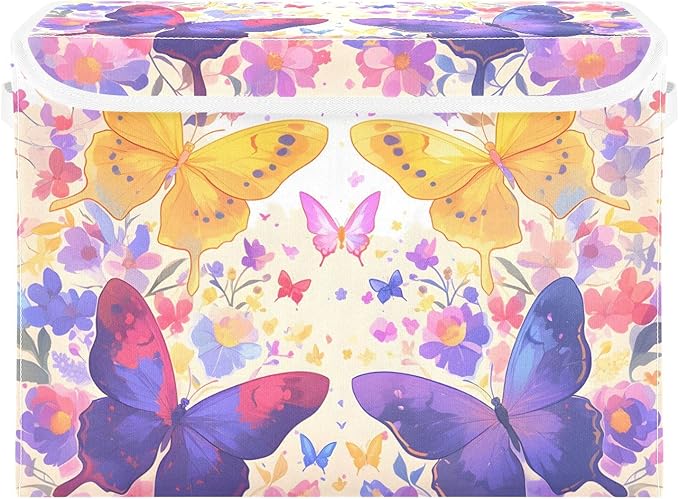 Bright Butterfly Lidded Storage Bins with Handles - 16.5x12.6x11.8 Foldable Organizing Box Oxford Fabric &amp Honeycomb Board Dust-Proof Flip Lid for Closet/Office