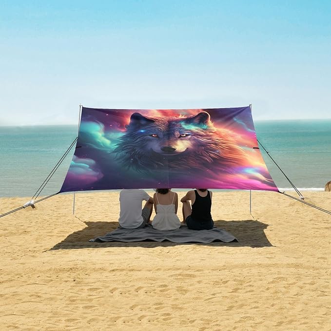 ALAZA Wolf Nebula Beach Tent Sun Shelter UPF50+ Protection Beach Shade Canopy w/ 4 Sandbags for Outdoor Camping Fishing Backyard Fun Picnic 10x9 ft