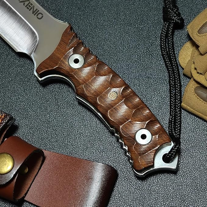 Fixed Blade Hunting Knife 10.6 Full Tang Survival Knife with 9Cr15MoV Steel Blade Heavy Duty Outdoor Knife with Window Breaker Non-Slip Extended Tang Leather Sheath for Survival Camping Hiking
