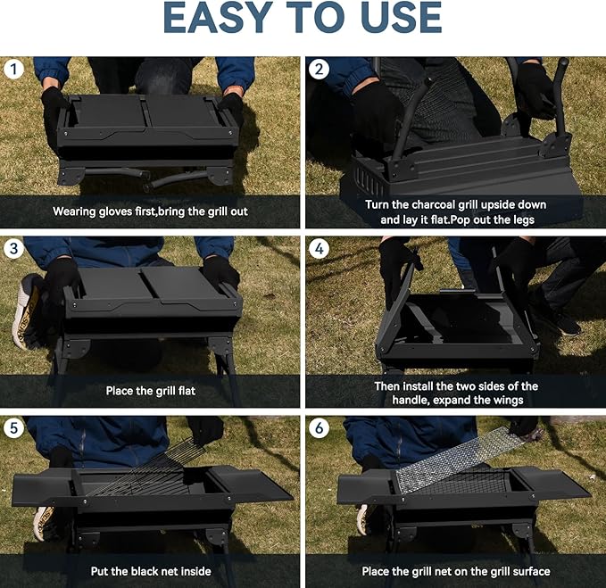 Portable Charcoal Grill Foldable Grills BBQ Grill Charcoal Small Grill for Travel Camping Outdoor Cooking Backyard Hiking Patio Garden Picnics Black