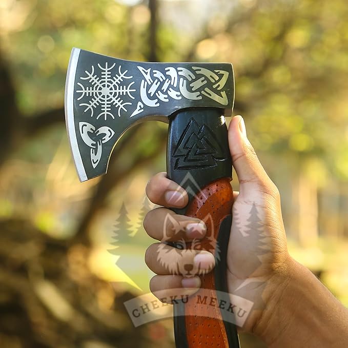 Custom Handmade Carbon Steel Real Viking Axe HatchetCamping Axe Birthday Gift for him Leather Wrapped Handle and Leather Sheath ((FM-21))