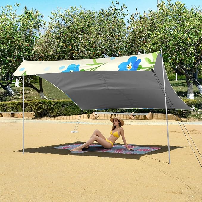 Beach Canopy with Windproof Ropes &amp Sandbags Beach Tent Sun Shade Sun Shelter for Camping Trips Fishing Backyard Fun or Picnics Flowers