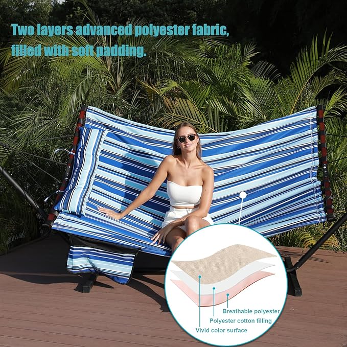 TegerDeger 12FT 2 Person Hammock Large Hammock 450LB Capacity with V Shaped Hardwood Spreader Bar &amp Nylon Rope for Outside Patio Garden Backyard Beach Poolside - Blue Stripes