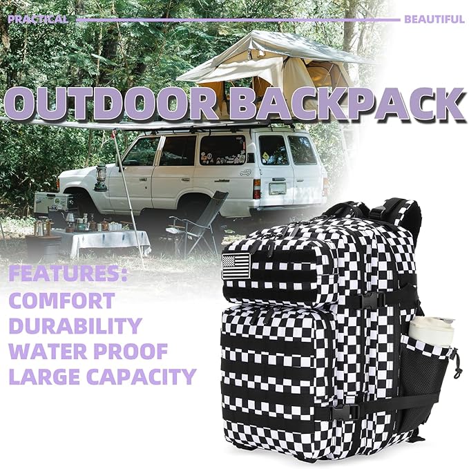 Lovelinks21 25L Tactical Military Backpack Small Travel Rucksack for Men and Women Assault Pack Bug Out Bag Molle Daypack Gym Backpack with Bottle Holder (Black White Checkered)