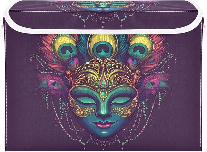 Mardi Gras Storage Baskets with Lids Carnival Mask Collapsible Bins Stackable Fabric Linen Baskets Closet Organizer Container 16.5x12.6x11.8
