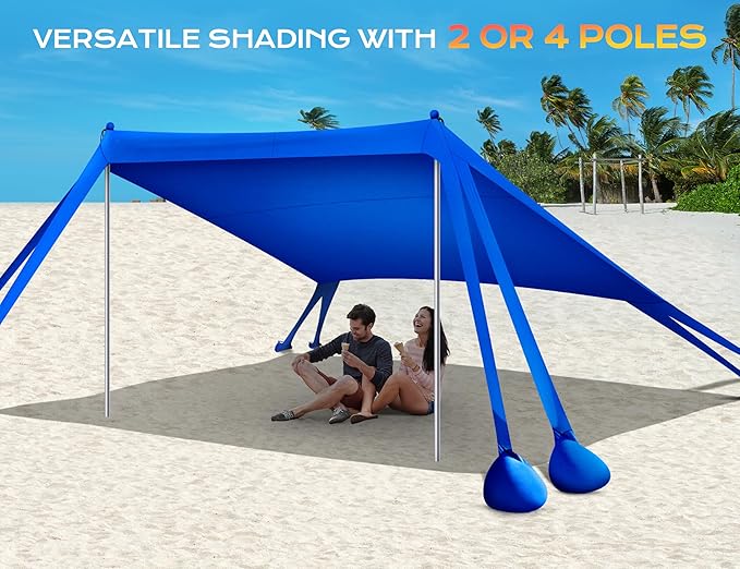 Rengue Beach Tent Beach Canopy UPF50+ UV Protection 10x10ft Beach Shade Sun Shelter with 8 Sandbags Sand Shovels Ground Pegs Stability Poles for Camping Fishing Picnic Backyard Fun Royal Blue