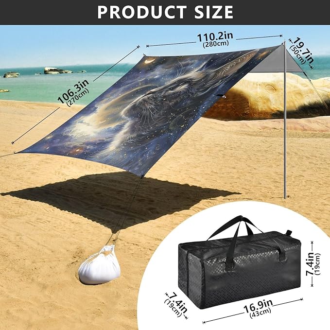 ALAZA Cat Kitten Starry Sky Galaxy Beach Tent Sun Shelter UPF50+ Protection Beach Shade Canopy w/ 4 Sandbags for Outdoor Camping Fishing Backyard Fun Picnic 10x9 ft