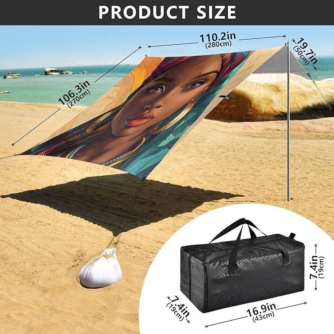 ALAZA African American Woman Ethnic Beach Tent Sun Shelter UPF50+ Protection Beach Shade Canopy w/ 4 Sandbags for Outdoor Camping Fishing Backyard Fun Picnic 10x9 ft