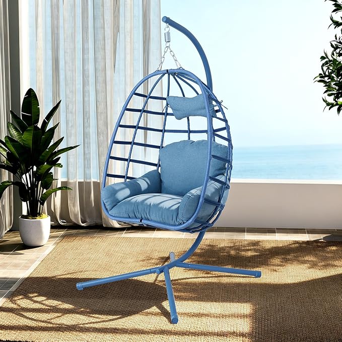 Hanging Egg Chair with Stand Outdoor Indoor Patio Rattan Swing Hammock Chairs with Washable Cushion 350lbs Capacity PE Wicker Swing Chair for Backyard Bedroom Garden (Blue + Blue Cushion)