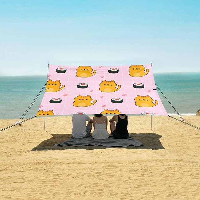 xigua Cat and Sushi Beach Tent Sun Shelter with Carrying Bag - Silver Coated Oxford Fabric Beach Canopy for Beach Camping Fishing - Includes Windproof Ropes Sandbags &amp Stakes