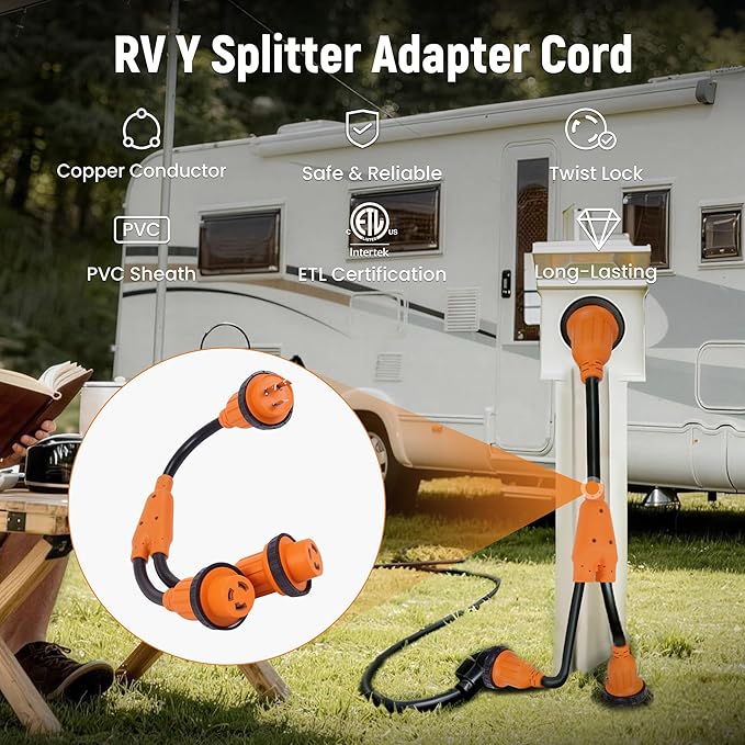 maXpeedingrods Y Adapter Power Cord L5-30P to 2X L5-30R 30A Male Plug x (2) 30A Female with Locking Rings and Sealing Rings for RVs Yachts Marine Equipment and Construction Tools.