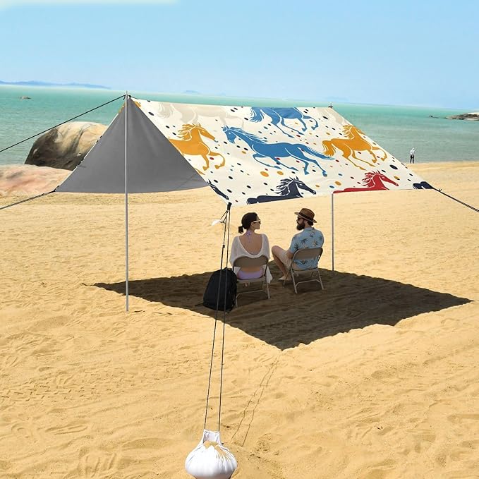 ALAZA Horses Pattern and Polka Dots Beach Tent Sun Shelter Portable Canopy Sunshade for Outdoor Camping Picnics Backyard Fun 10x9 ft