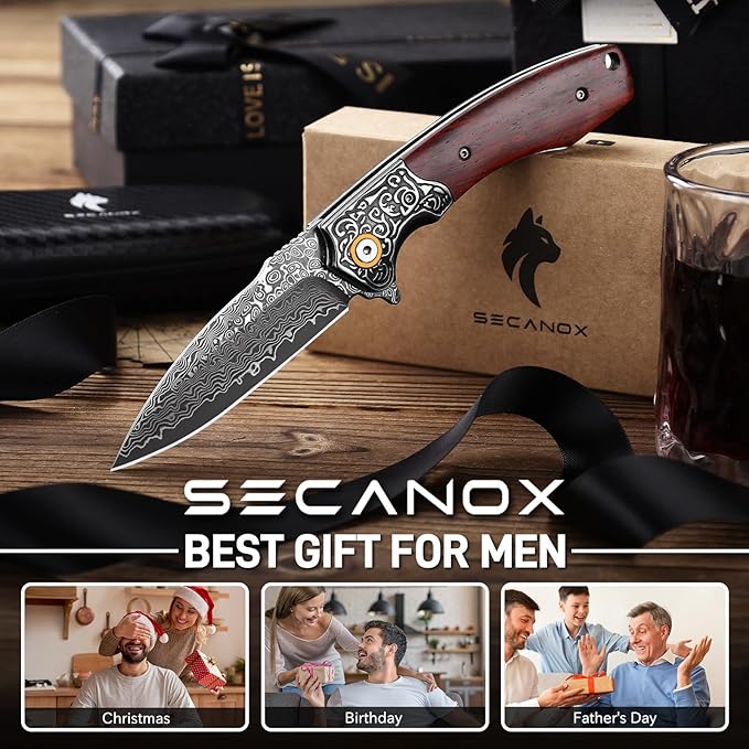 Damascus Pocket Knife for Men 3.34 Sharp Damascus Steel Blade Folding Knives with Wooden Handle EDC Knifes for Camping Hiking Collection