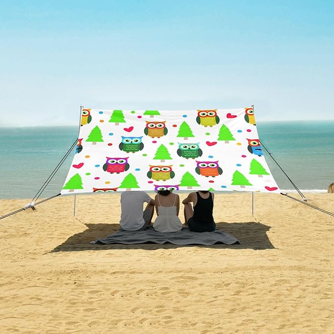 xigua Cartoon Owls Beach Tent Sun Shelter with Carrying Bag - Silver Coated Oxford Fabric Beach Canopy for Beach Camping Fishing - Includes Windproof Ropes Sandbags &amp Stakes