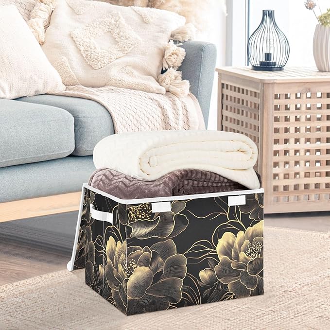 AIXIWAWA Storage Cube with Lid (Gold Black Floral) Fabric Foldable Closet Bins with Flip Lid and Handles Organizer Basket Container 16.5 x 12.6 x 11.8 IN