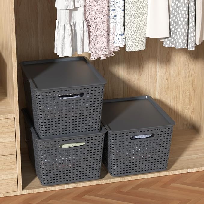 6-Packs Grey Woven Storage Baskets Bins with Lids Plastic Large Stackable Baskets Box 13.58'' x 11.42'' x 8.7''