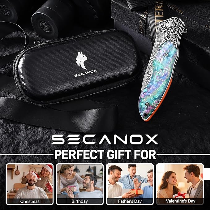 Damascus Pocket Knife for Women 3.54 Sharp Damascus Steel Blade and Abalone Shell Handle EDC Folding Knives for Camping Hiking